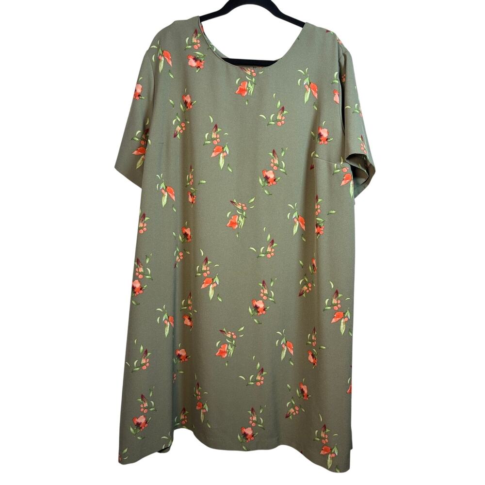Ava & Viv Sage Green Floral Shift Dress Plus Size Short Sleeve Boho Midi 2X